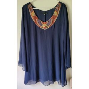 City‎ Triangles Women's Beaded Tunic Dress Midnight Blue Long Sheer Sleeves Sz L